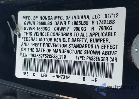 2012 Honda Civic Lx from USA, damaged, VIN 19XFB2F52CE330219